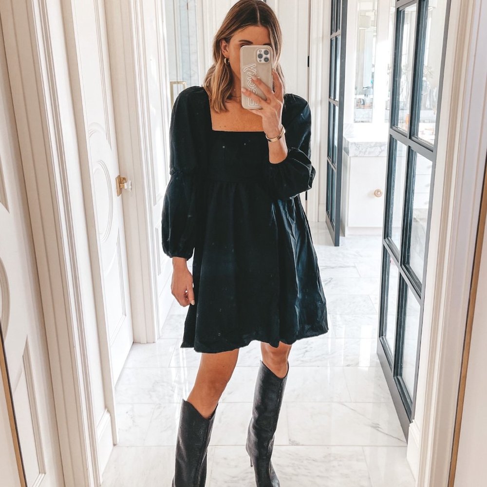 Exlura womens square neck dress long puff sleeve aline mini dress